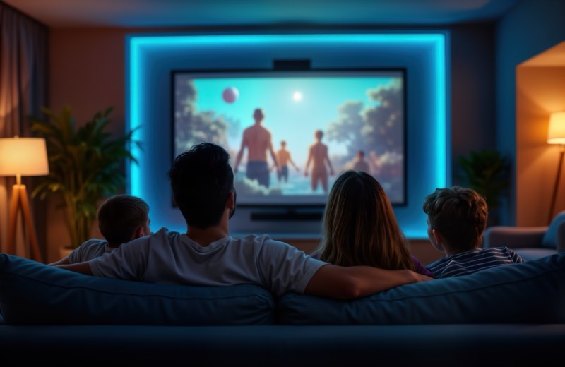 Family relax in home theater watching movie Parents and children sit on sofa Enjoying entertainment together Evening scene Modern interior design Home leisure activity | WilkComm Reno